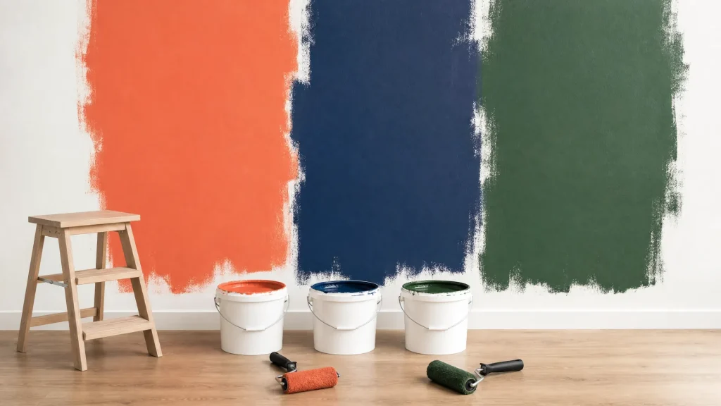 A room with colorful paint on the wall and a stool.