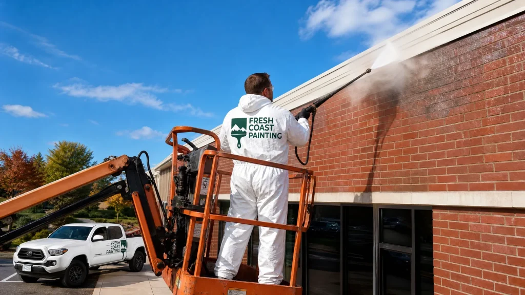 A man is spraying a brick building with a hose.