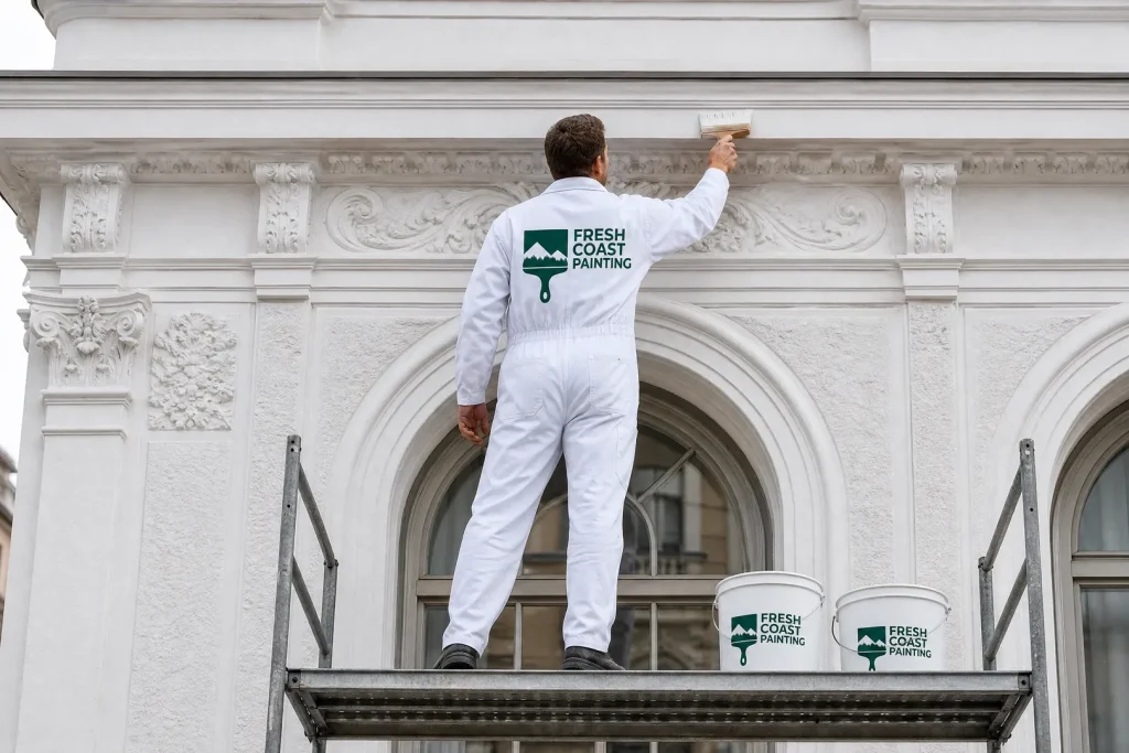 A man is painting the outside of a building.